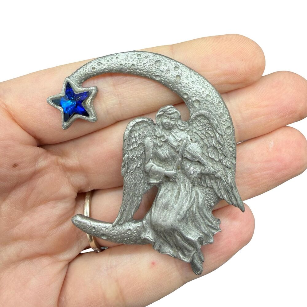 Vintage Pewter Angel & Moon Brooch – Blue Star Accent